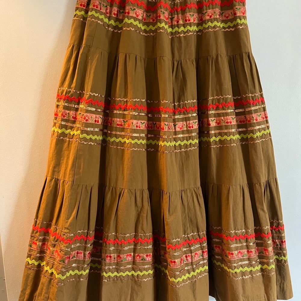 COPY - Custom made fiesta skirt with copper/orange/lime green rick rack trim